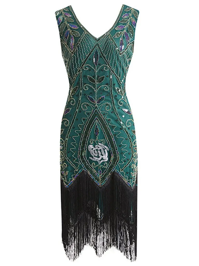 1920s Floral Sequined Fringe Flapper Dress