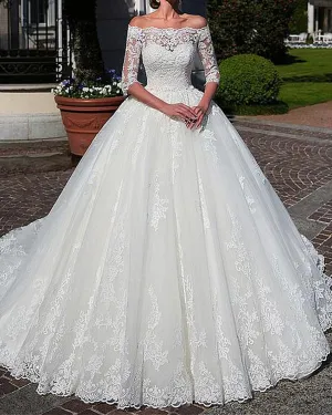 2019 Off The Shoulder Lace Wedding Dresses with Half Sleeve Sweetheart Bridal Dress Ball Gown