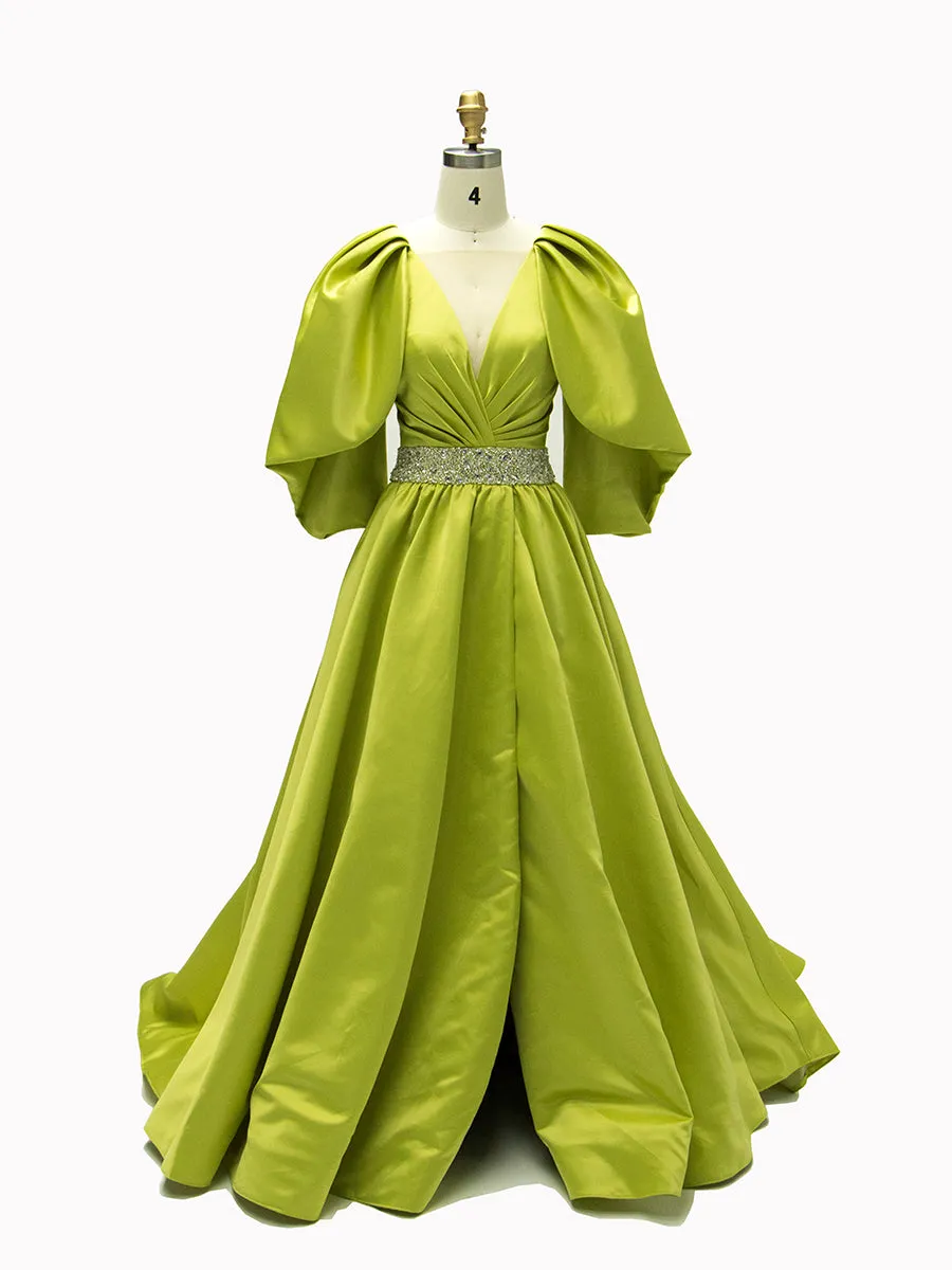 A-line V-Neck Half Sleeves Fluorescent Green Satin Prom Dresses YE2527