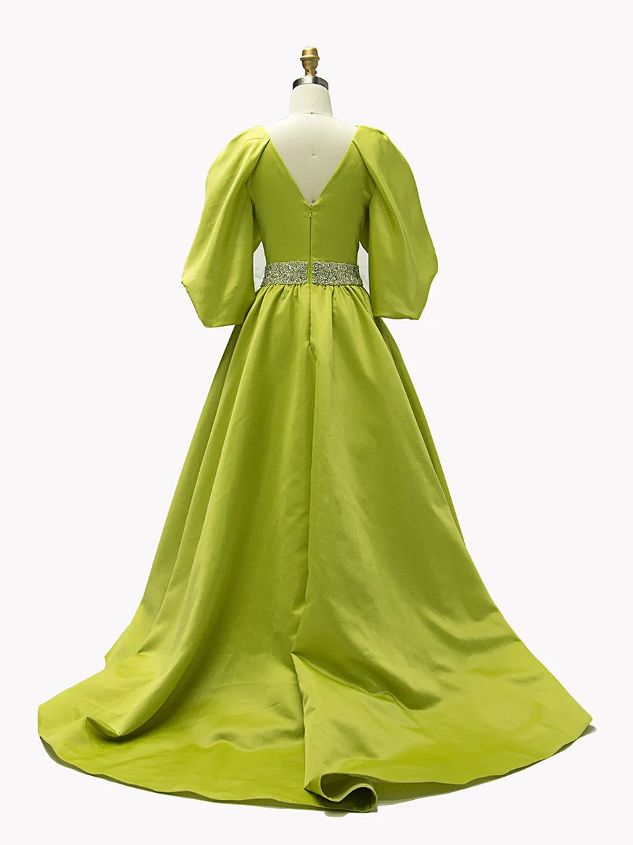 A-line V-Neck Half Sleeves Fluorescent Green Satin Prom Dresses YE2527