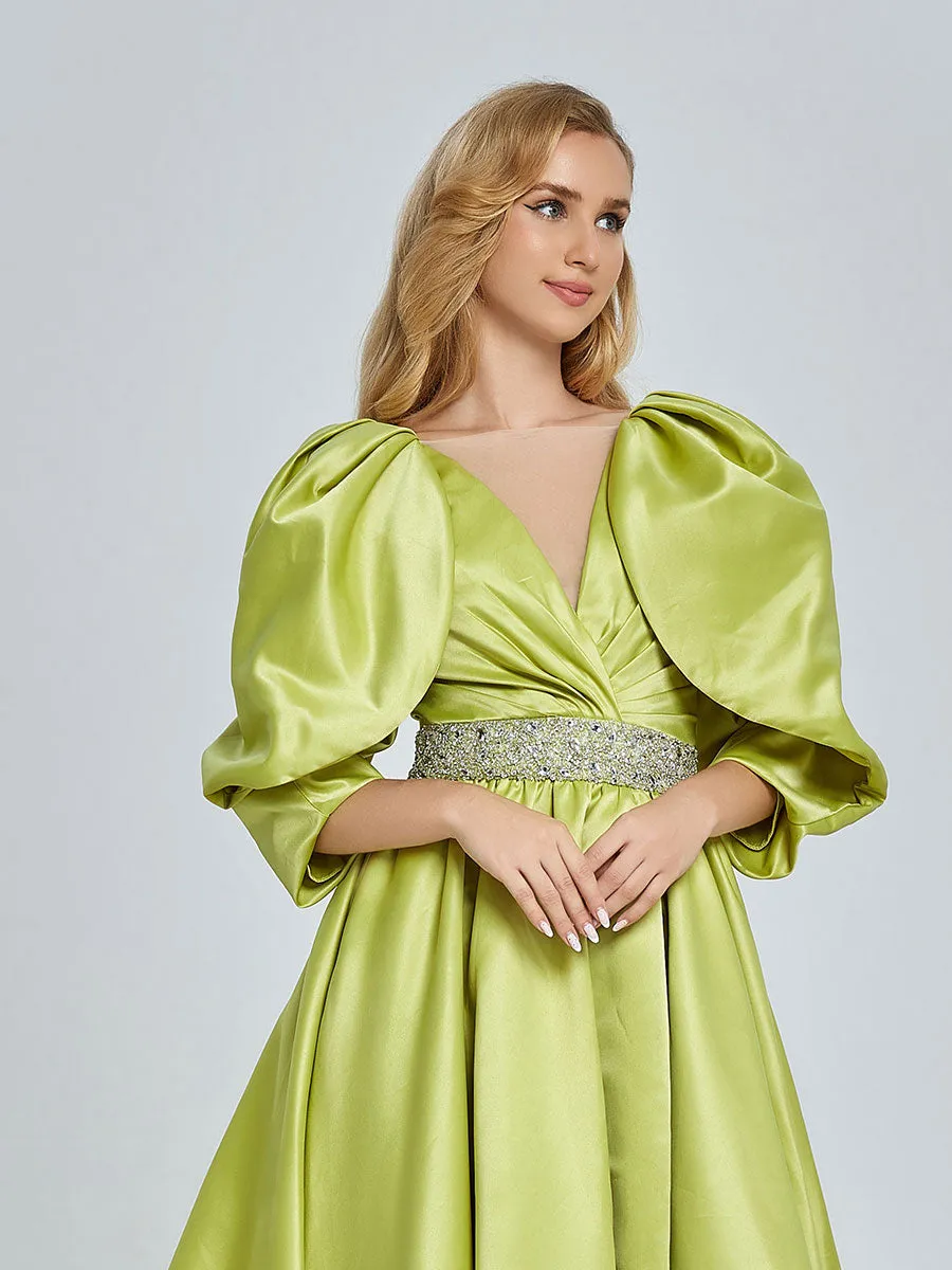 A-line V-Neck Half Sleeves Fluorescent Green Satin Prom Dresses YE2527