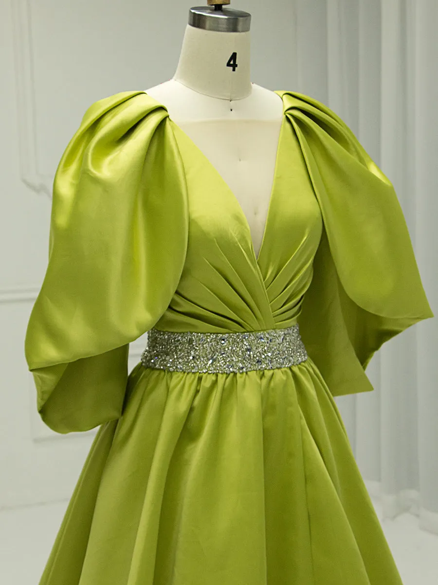A-line V-Neck Half Sleeves Fluorescent Green Satin Prom Dresses YE2527