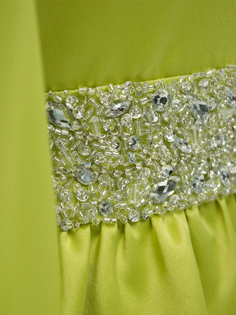 A-line V-Neck Half Sleeves Fluorescent Green Satin Prom Dresses YE2527
