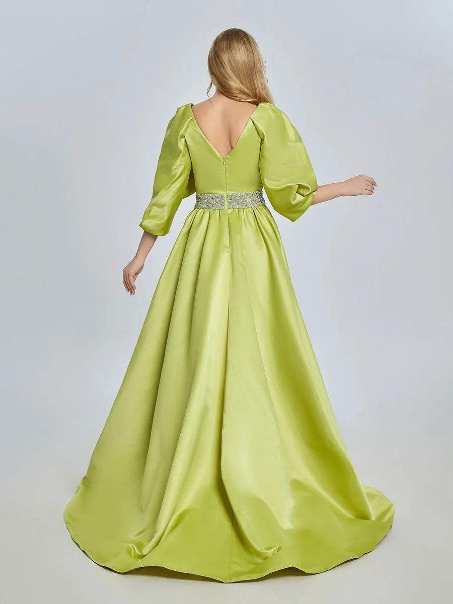 A-line V-Neck Half Sleeves Fluorescent Green Satin Prom Dresses YE2527
