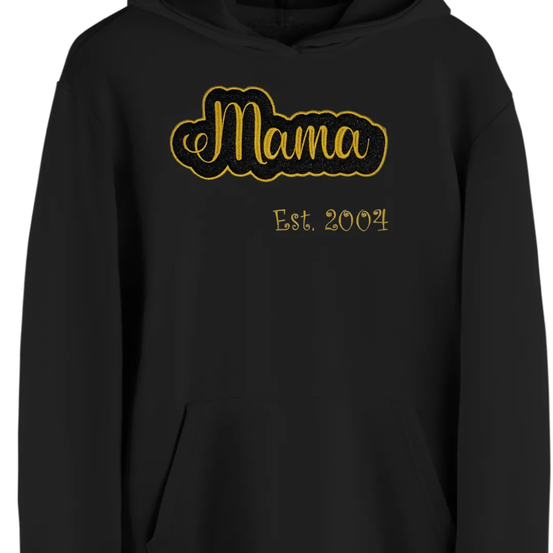 Adult Hoodie (w/ drawstrings) - Mama Gold-  Black Glitter Appliqué