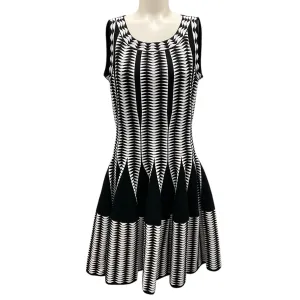 Alaia Black / White Sleeveless Flared Geometric Knit Dress