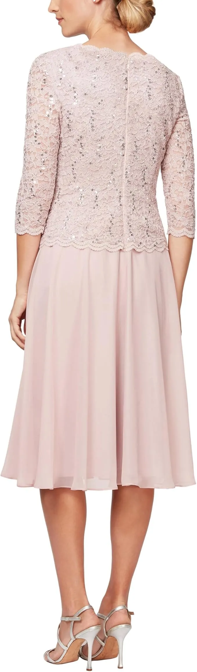Alex Evenings Crew Neck 3/4 Sleeve Lace Bodice & Chiffon Skirt (Plus Size)