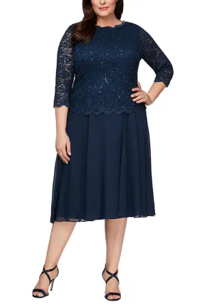 Alex Evenings Crew Neck 3/4 Sleeve Lace Bodice & Chiffon Skirt (Plus Size)