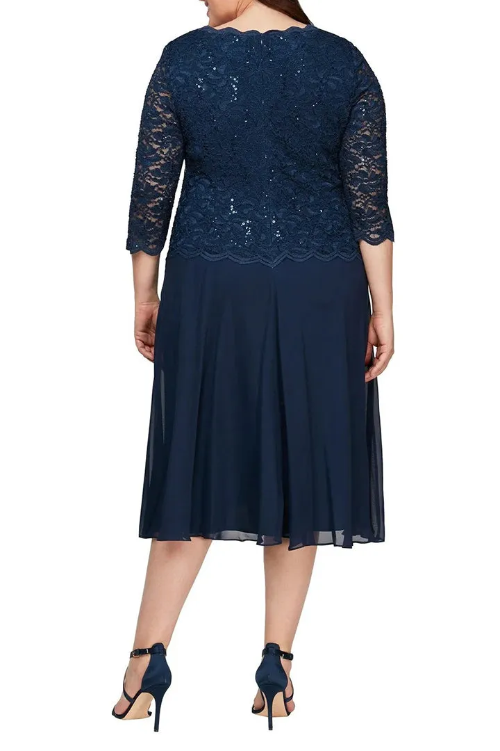 Alex Evenings Crew Neck 3/4 Sleeve Lace Bodice & Chiffon Skirt (Plus Size)