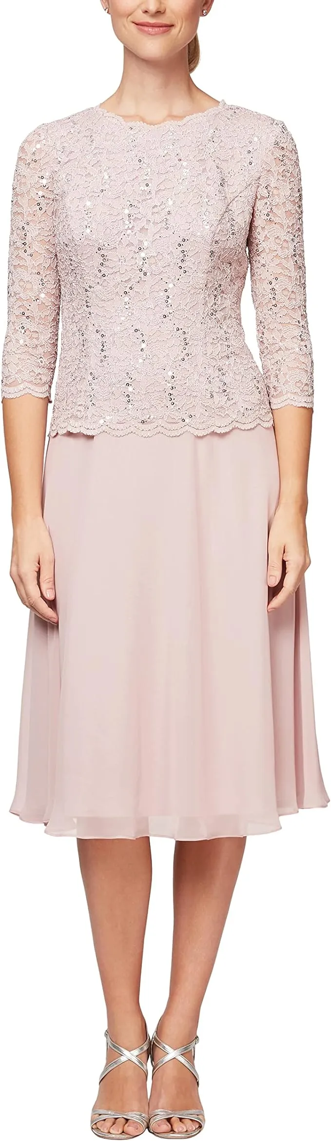 Alex Evenings Crew Neck 3/4 Sleeve Lace Bodice & Chiffon Skirt (Plus Size)
