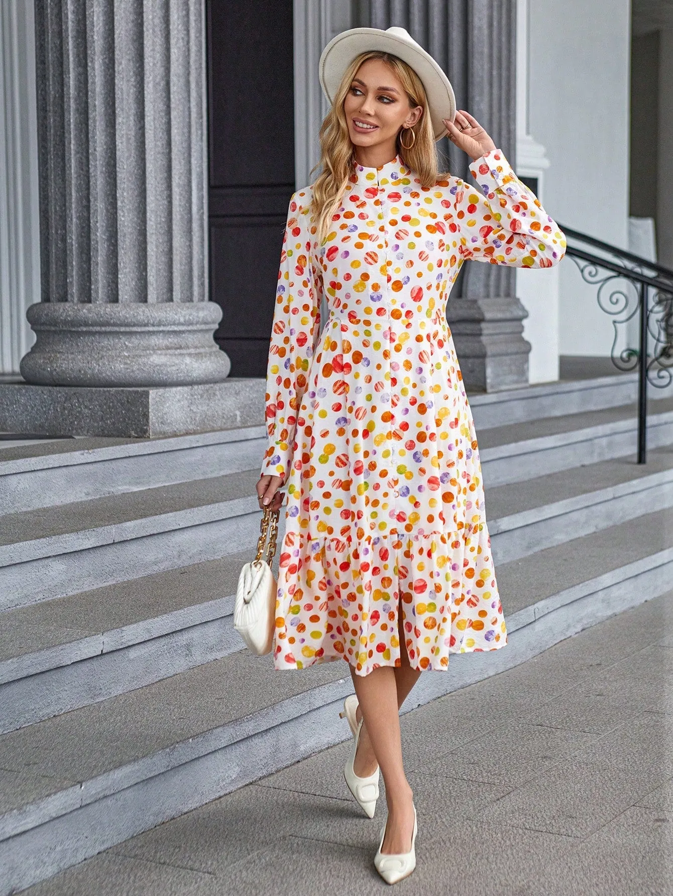 Allover Print Mock Neck Ruffle Hem Dress