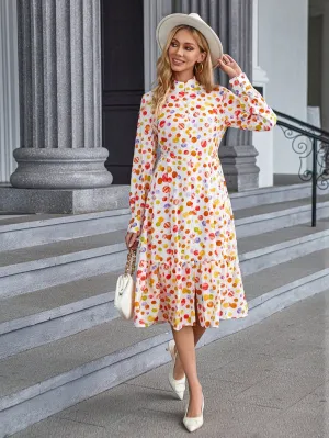 Allover Print Mock Neck Ruffle Hem Dress