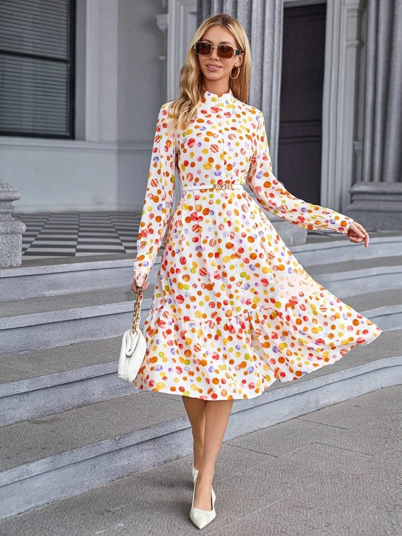 Allover Print Mock Neck Ruffle Hem Dress