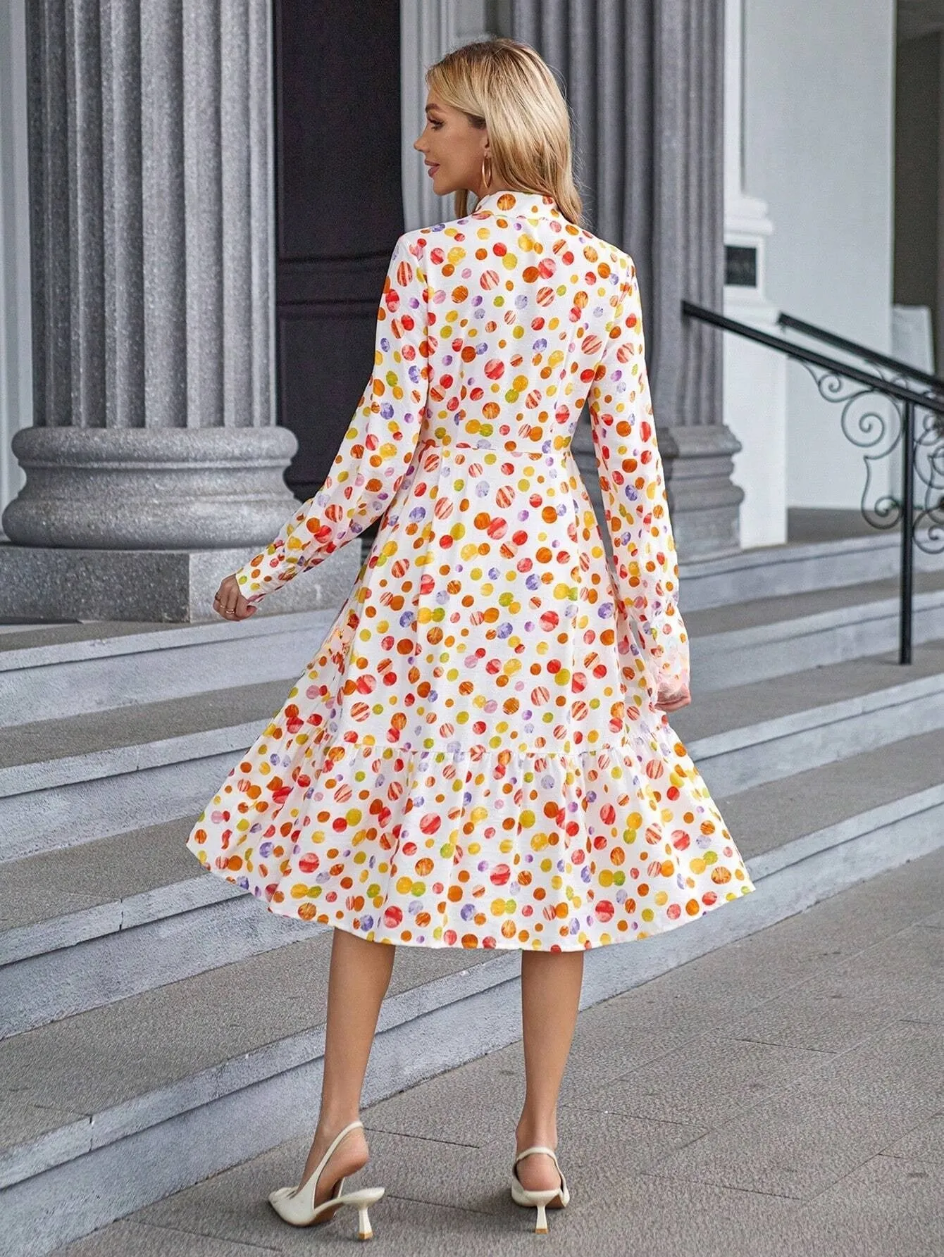 Allover Print Mock Neck Ruffle Hem Dress