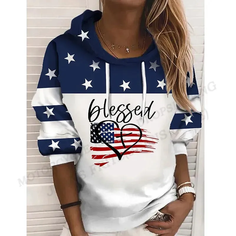American Flag Hoodie Women Fashion Oversized Hoodies Women Sweats Coat Usa Flag Hooded Sweats Pullovers Women's Clothing Gifts