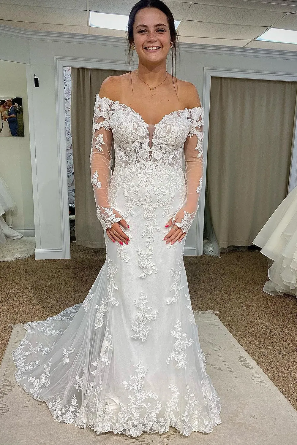 Anika | Tulle Mermaid Off The Shoulder White Long Wedding Dress with Appliques