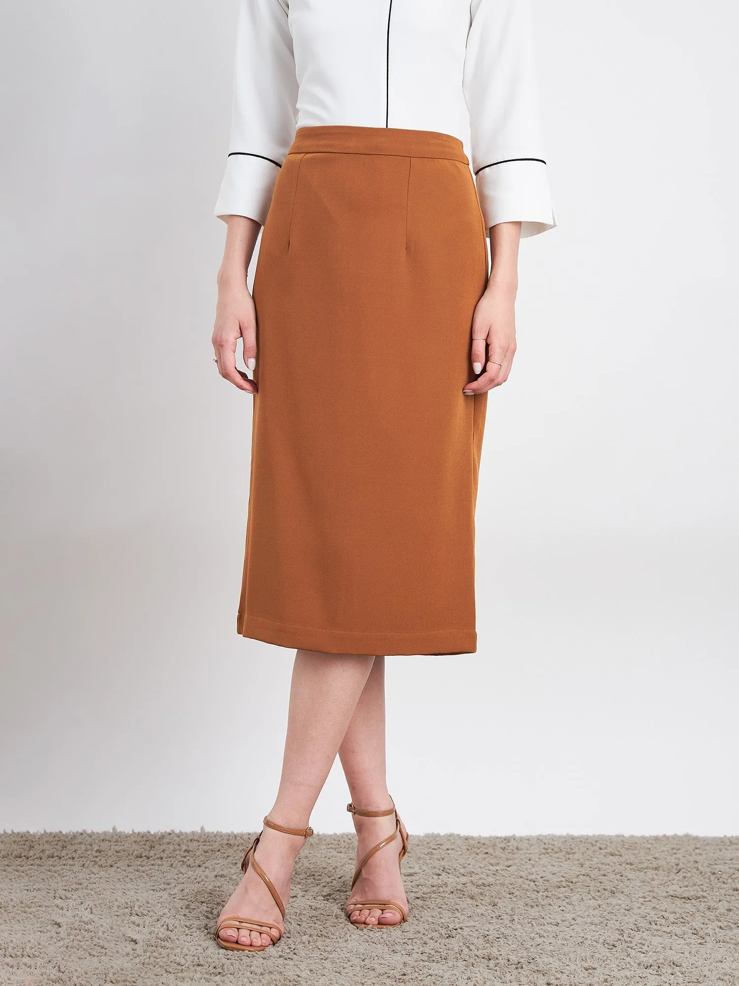 Ardor Long pencil fit skirt-Tan Brown