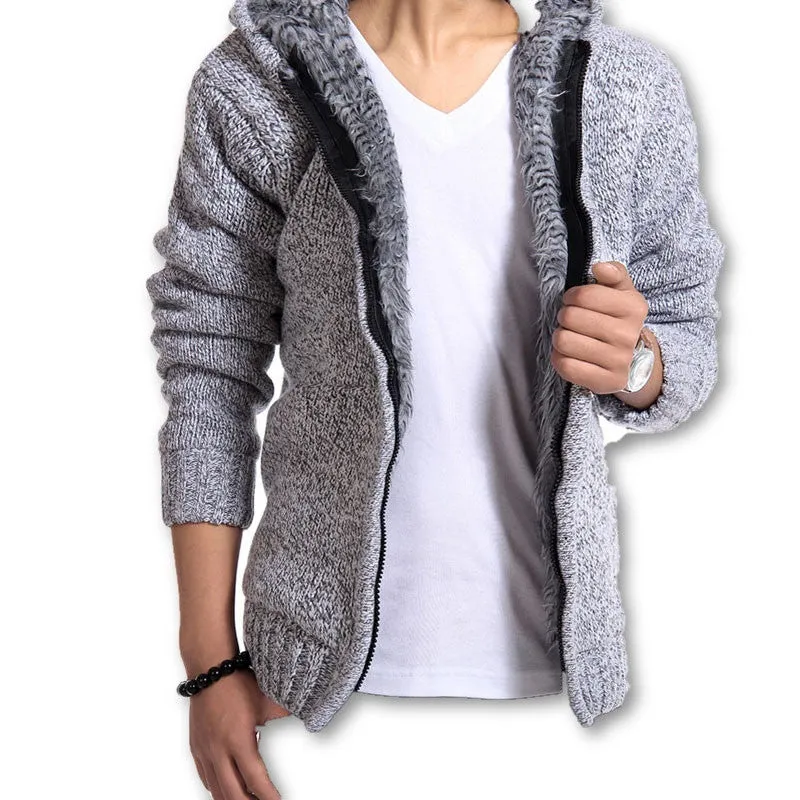 Autunm Winter Fur Lining Thicken Hoodies Men Casual Zipper Solid Warm Moleton Masculino MZM179