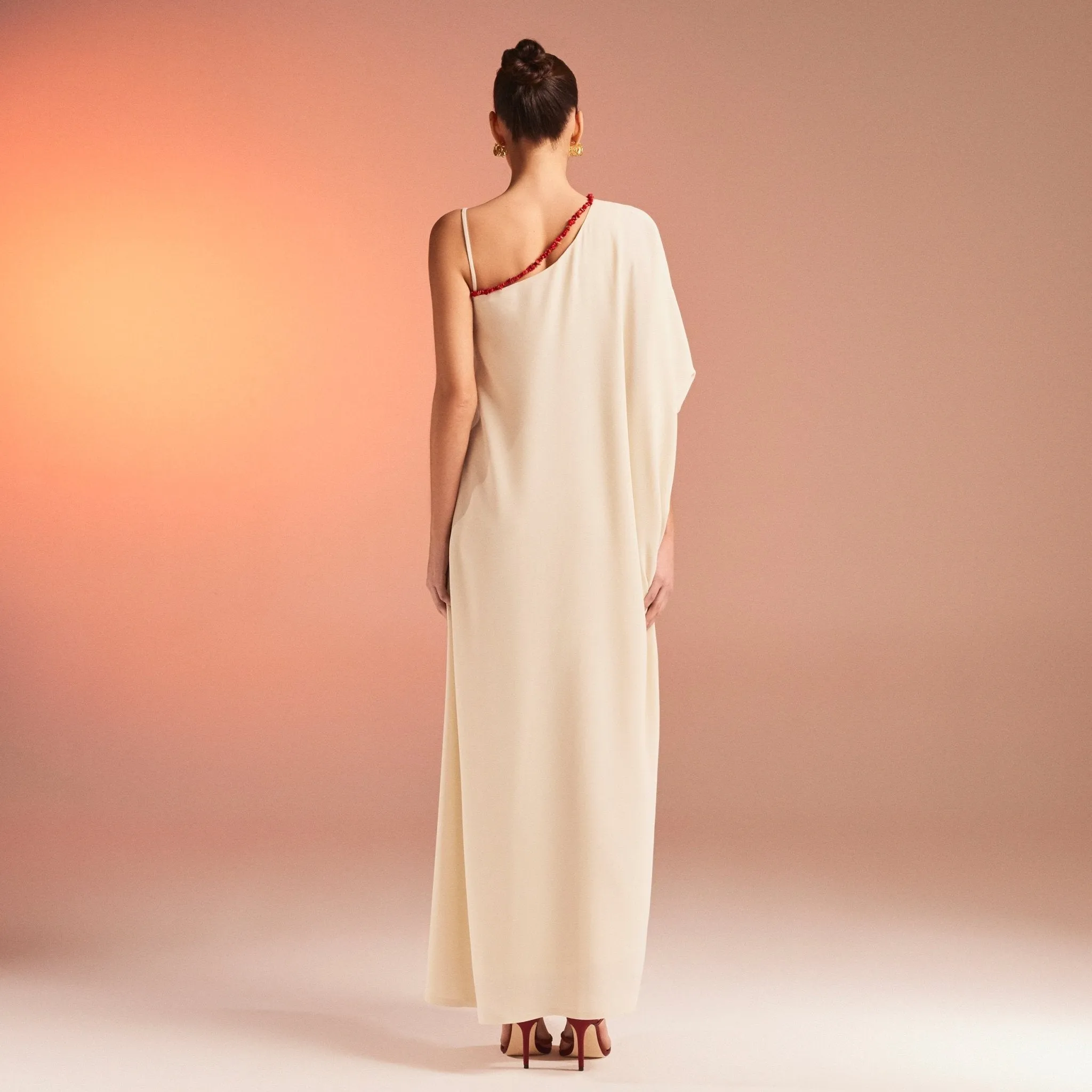 Beige One Shoulder Long Sleeve Crepe Kaftan