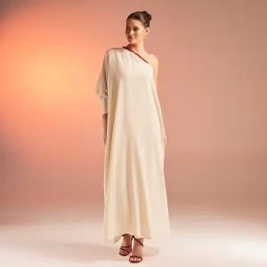 Beige One Shoulder Long Sleeve Crepe Kaftan