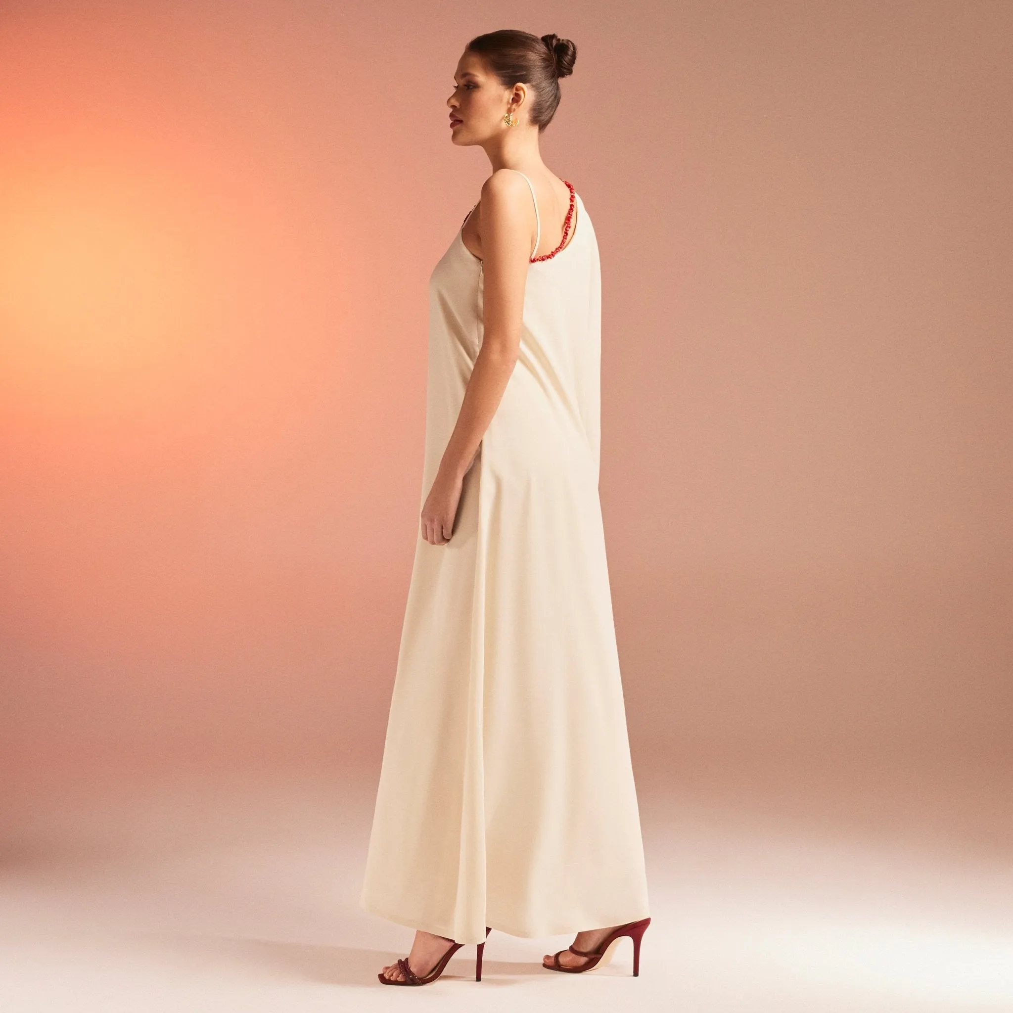 Beige One Shoulder Long Sleeve Crepe Kaftan
