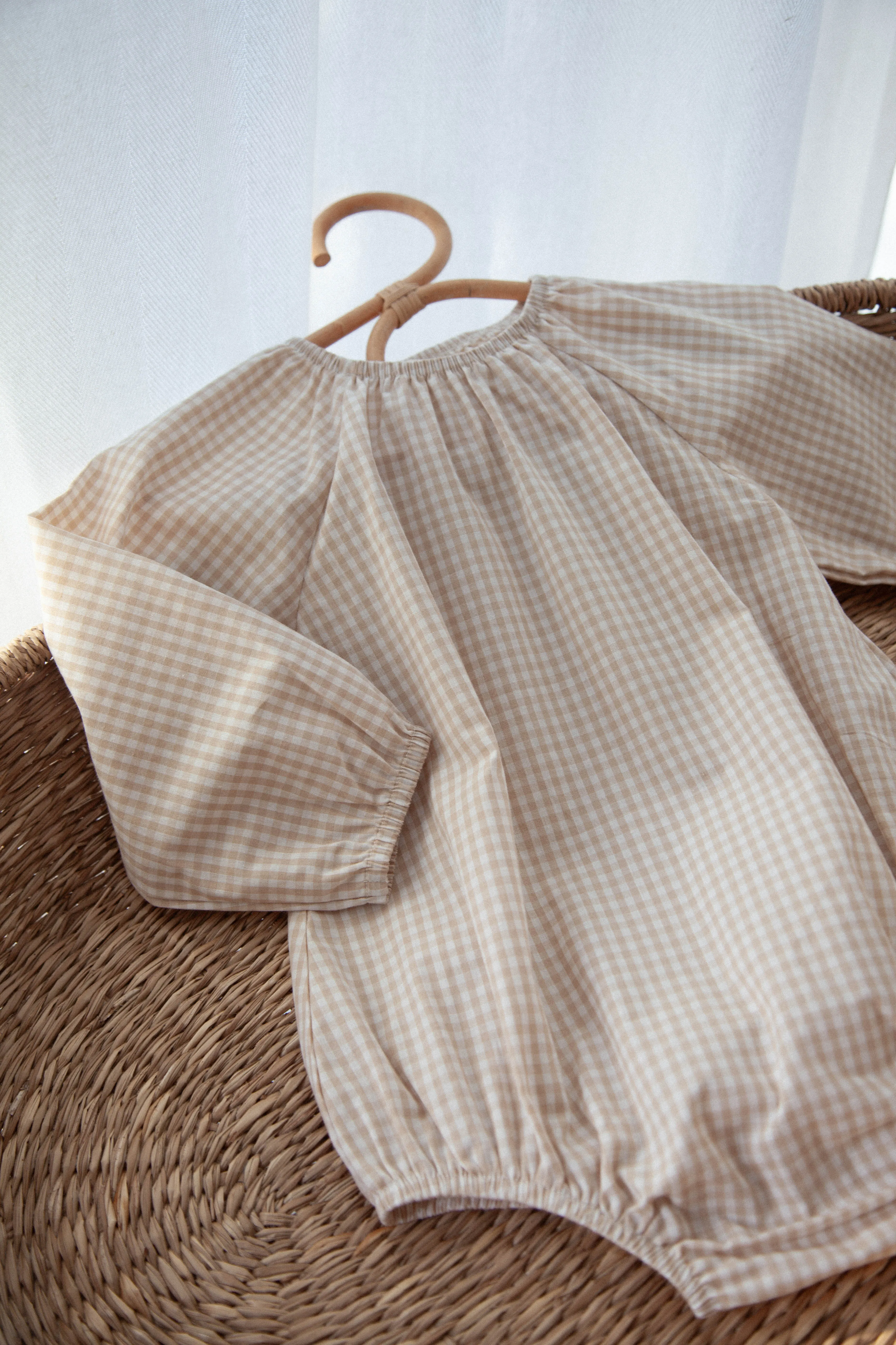Beige/Gingham Long Sleeve Oversized Romper