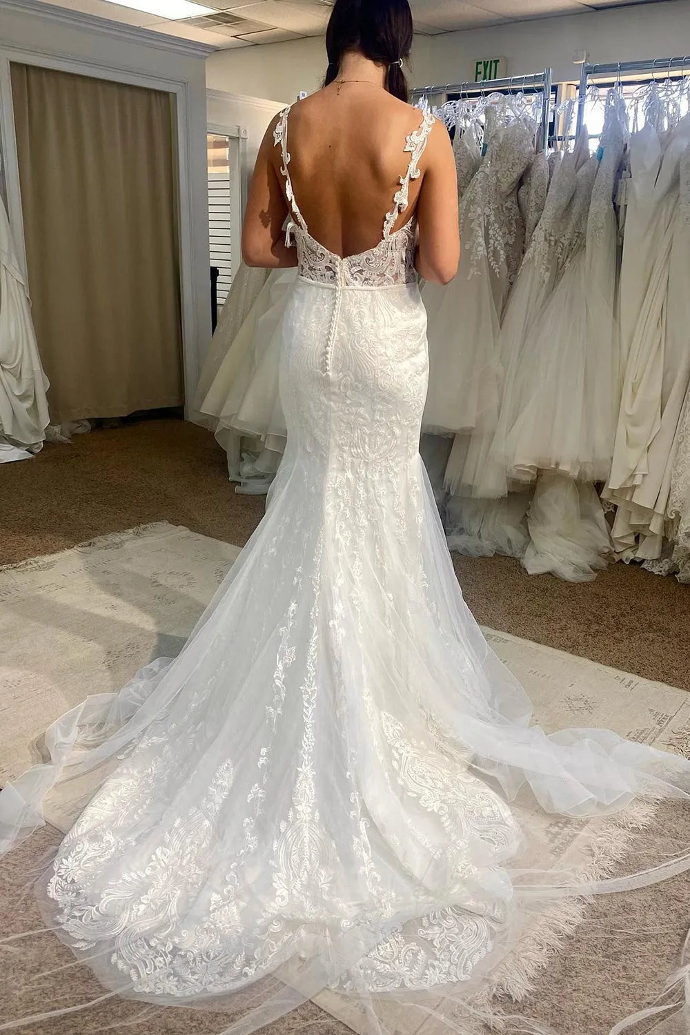 Berkley | Tulle Mermaid Spaghetti Straps White Long Wedding Dress with Appliques