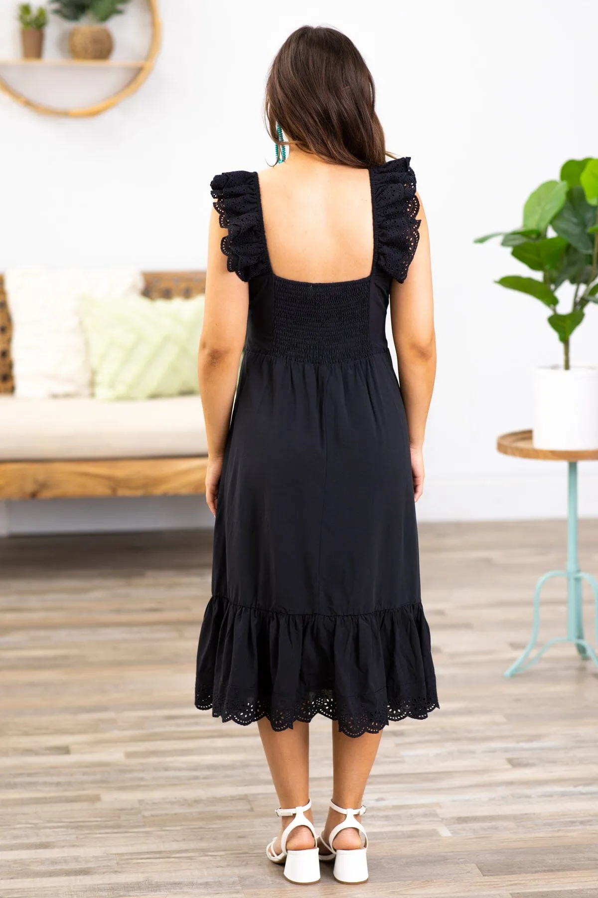 Black Eyelet Trim Smocked Waist Dress