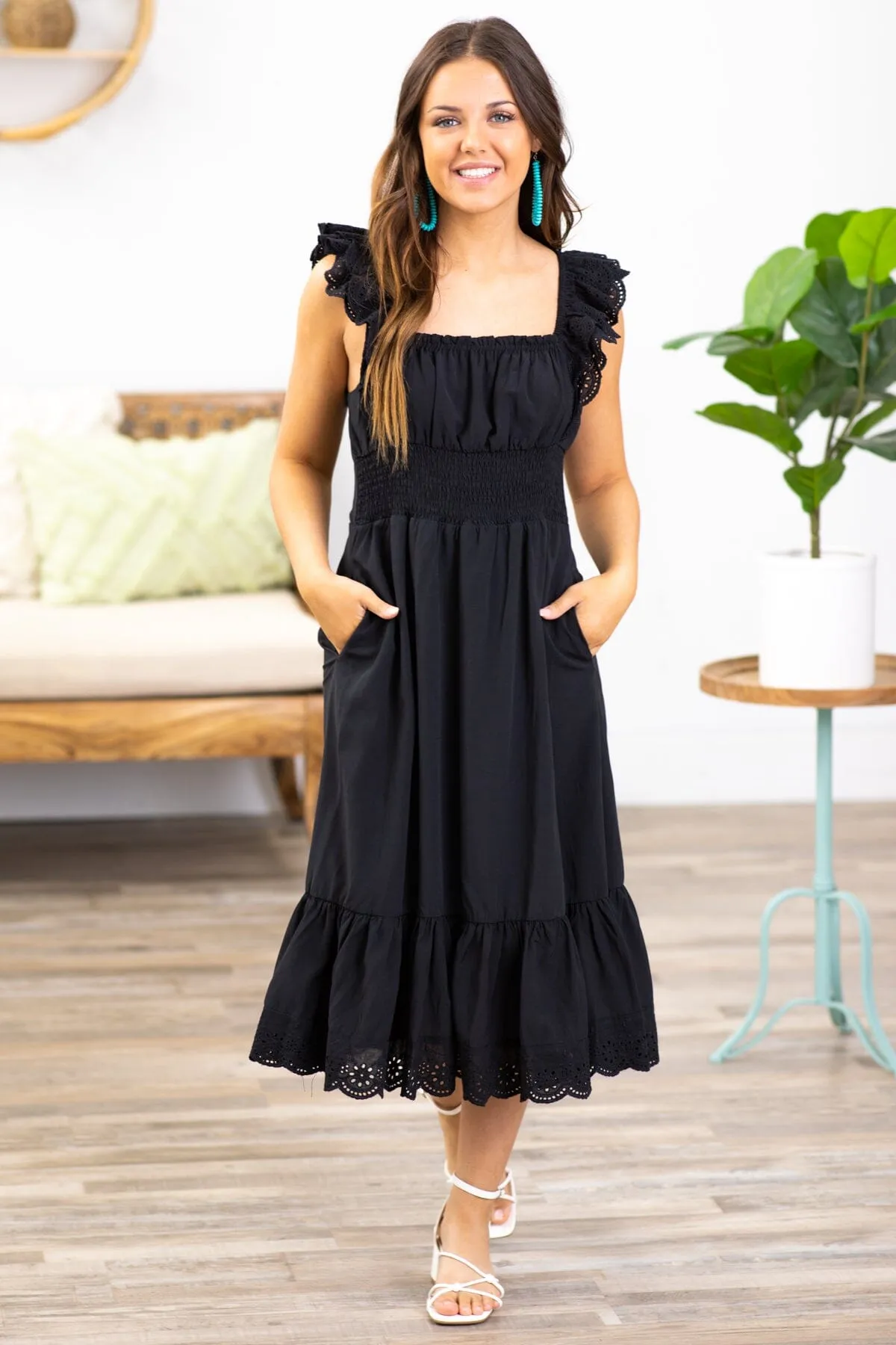 Black Eyelet Trim Smocked Waist Dress