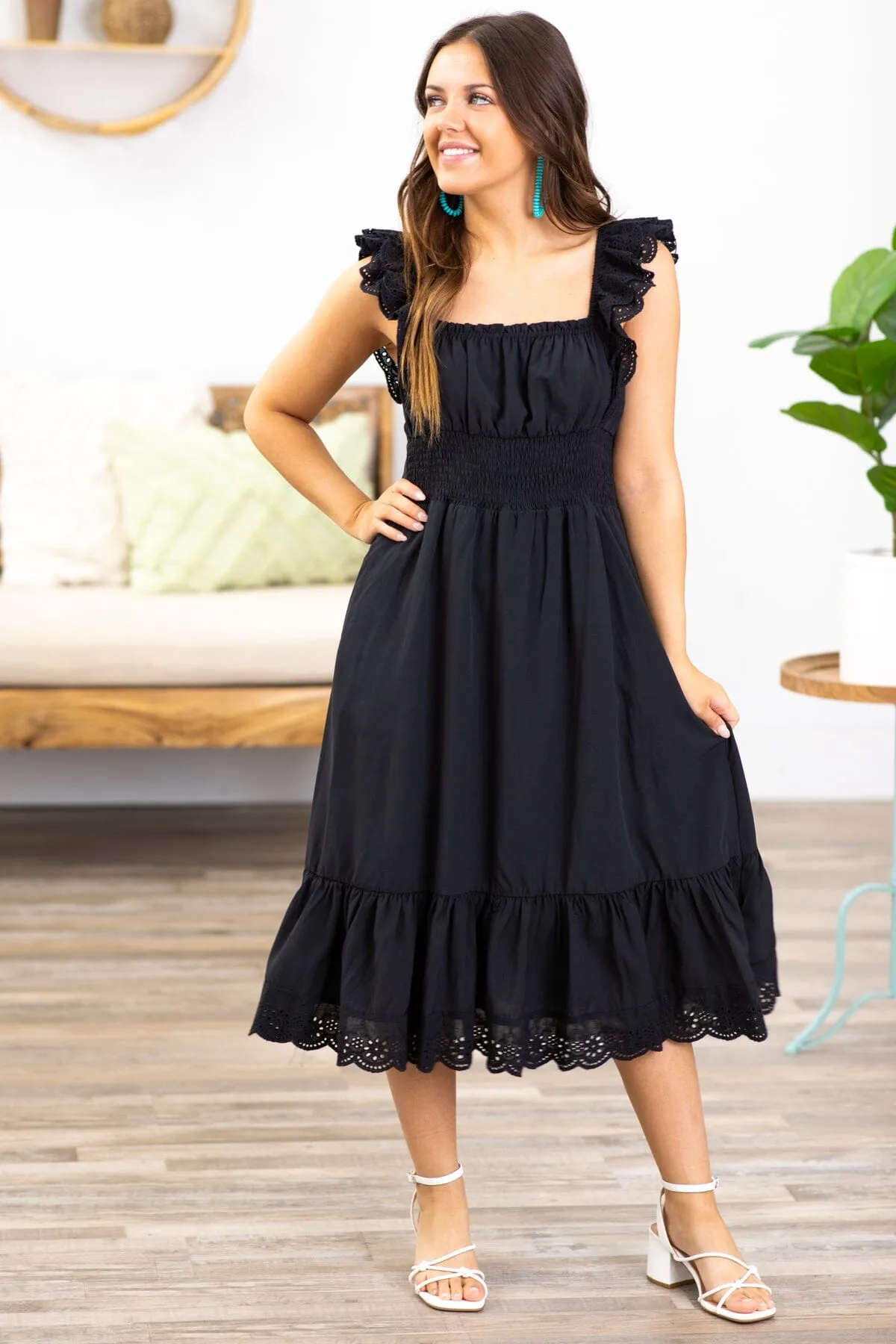 Black Eyelet Trim Smocked Waist Dress