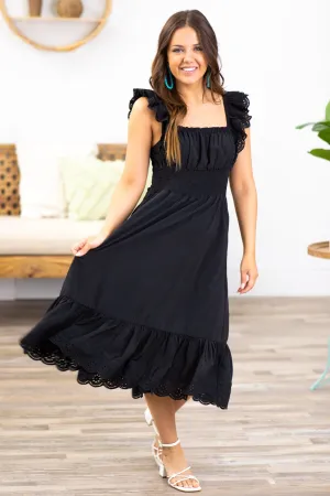 Black Eyelet Trim Smocked Waist Dress