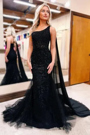 Black Mermaid Lace One Shoulder Long Prom Dresses, Evening Dress, MP966