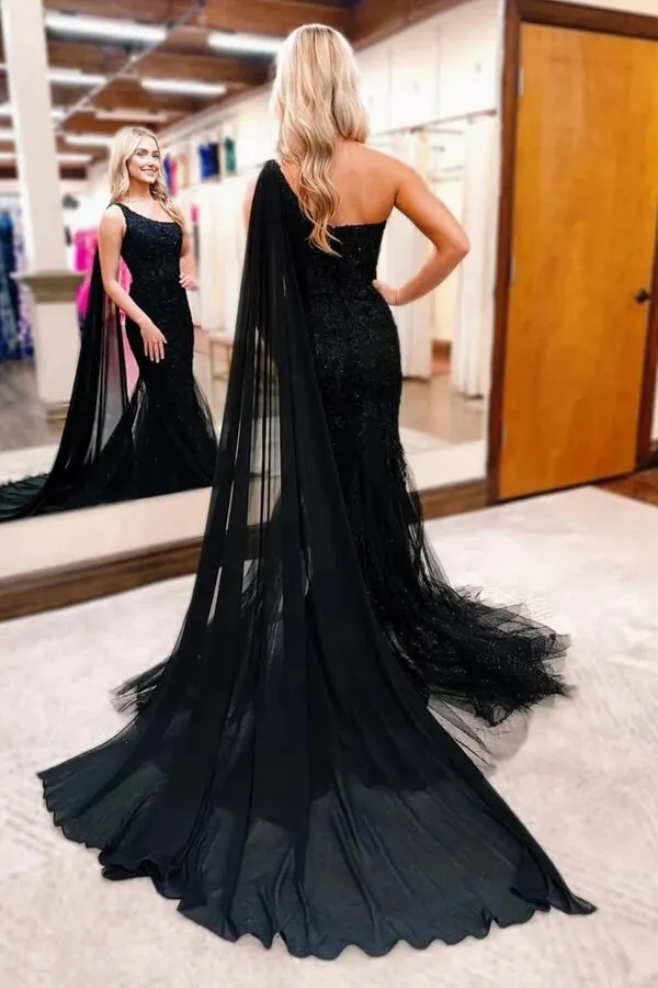 Black Mermaid Lace One Shoulder Long Prom Dresses, Evening Dress, MP966
