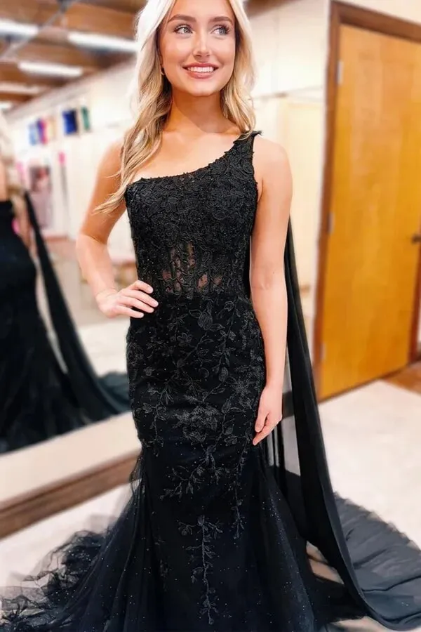 Black Mermaid Lace One Shoulder Long Prom Dresses, Evening Dress, MP966