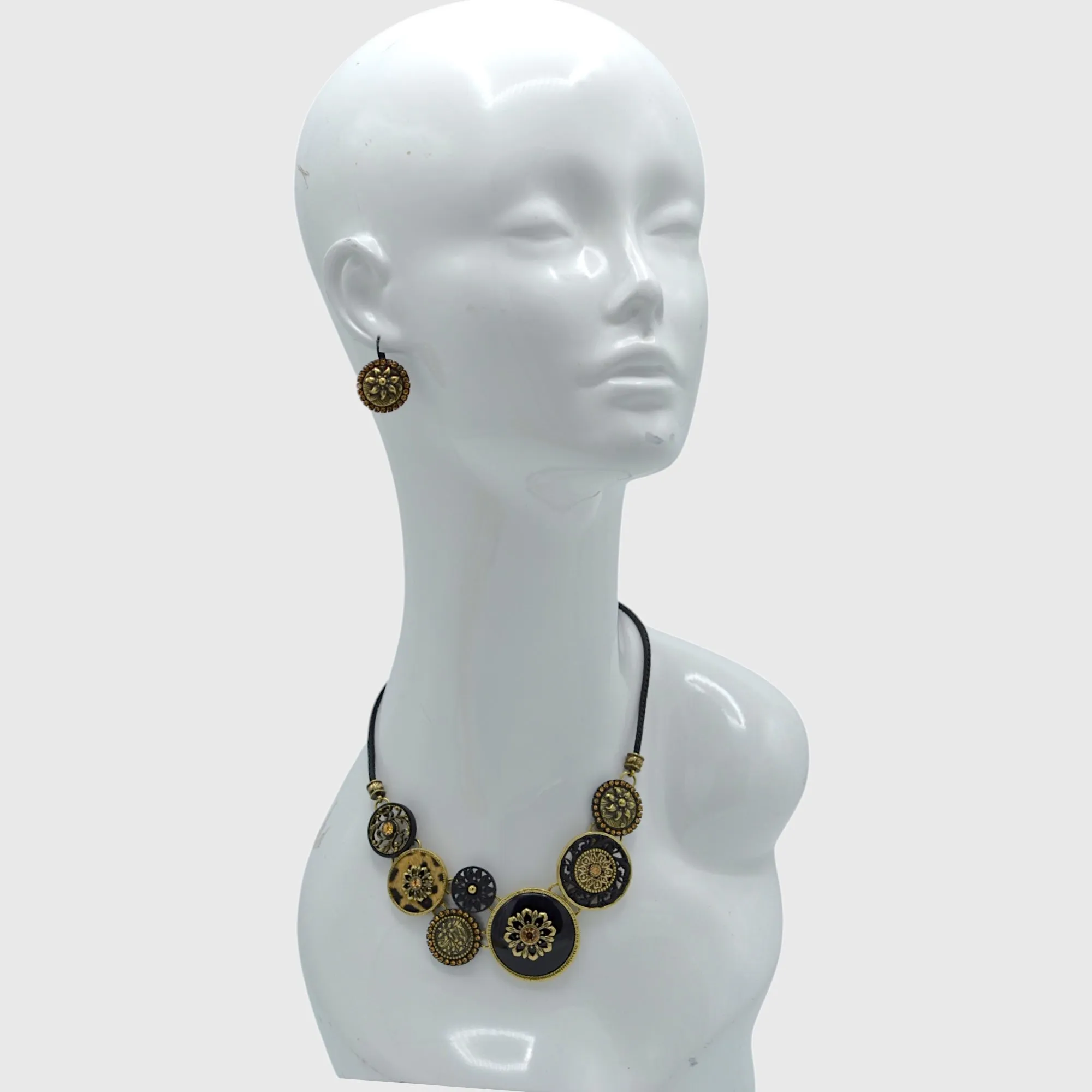 Black Metal Necklace with Gold Oxidized  Round Crystal Pendants and Black Metal Chain #275GD1101 (7D2/6D2)