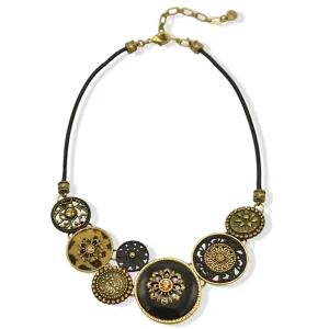 Black Metal Necklace with Gold Oxidized  Round Crystal Pendants and Black Metal Chain #275GD1101 (7D2/6D2)