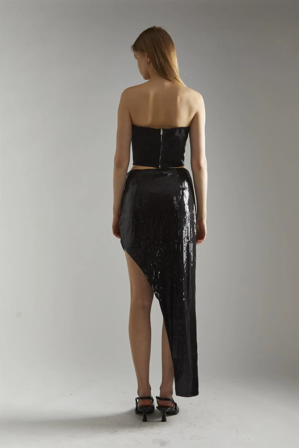Black-Sequin Asymmetric Midaxi-Skirt