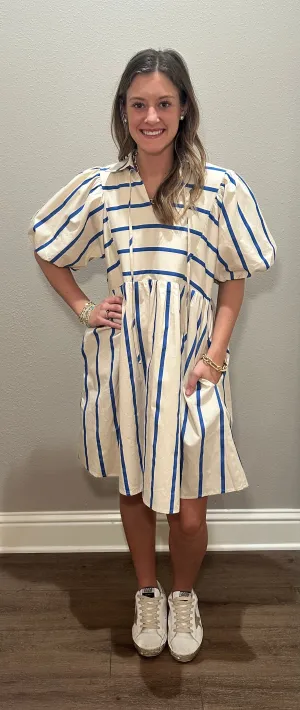 Blue & White Striped Puff Sleeve Dress