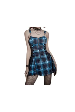 Blue and White Punk Plaid Dress
