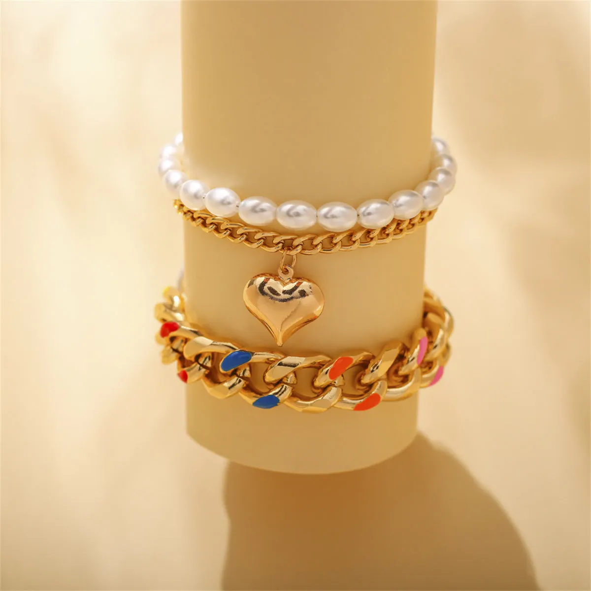 Blue Multicolor Enamel & Pearl 18K Gold-Plated Heart Layered Anklet Set