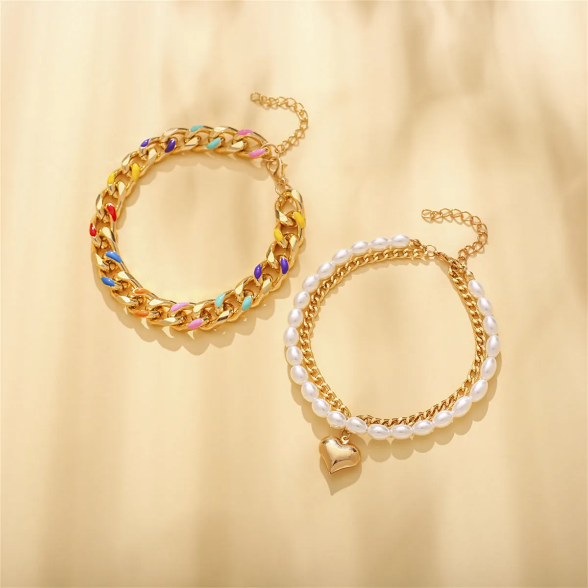 Blue Multicolor Enamel & Pearl 18K Gold-Plated Heart Layered Anklet Set