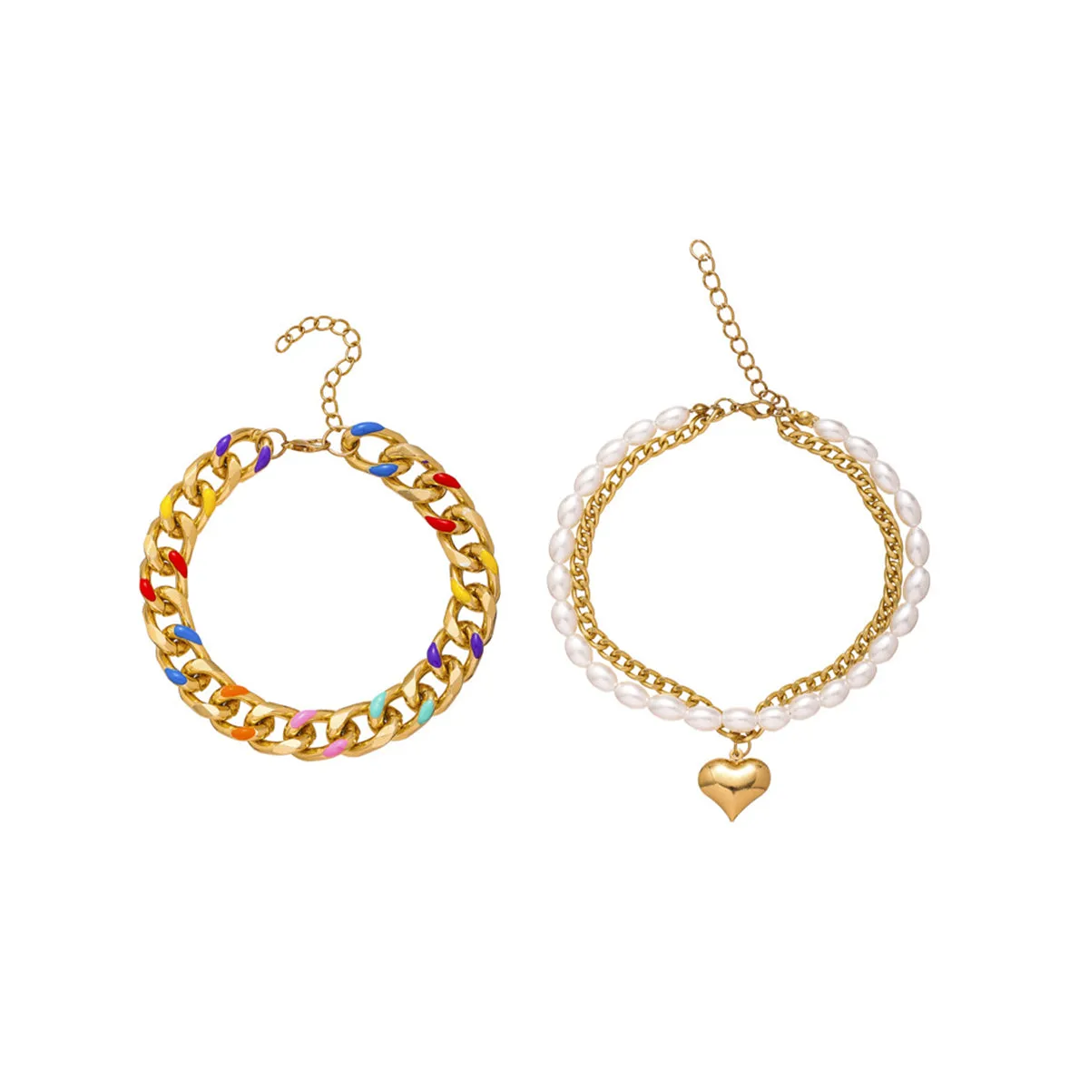 Blue Multicolor Enamel & Pearl 18K Gold-Plated Heart Layered Anklet Set