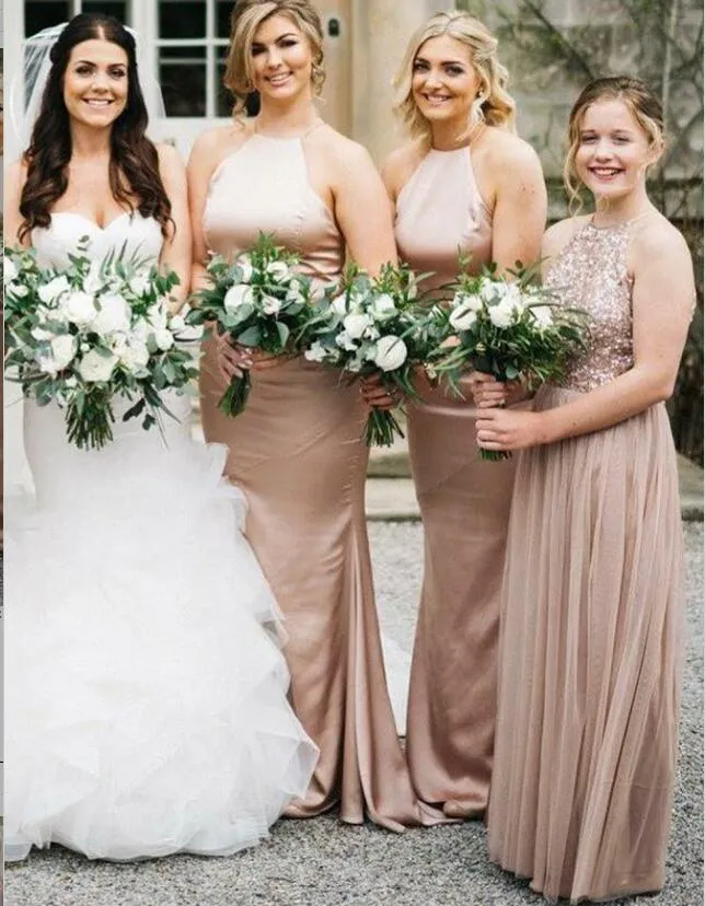 Blush Pink Stain Halter Strap Backless Cheap Long Bridesmaid Dresses Online, TYP0995