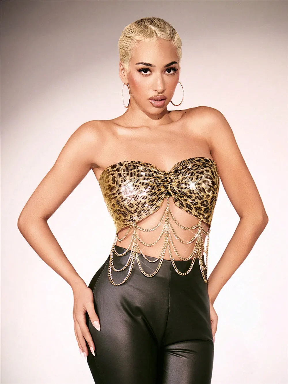 Bold Leopard Print Sequin Strapless Chain Embellished Crop Top