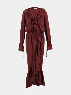 Bordeaux Ruffled Silk Charmeuse Wrap Dress