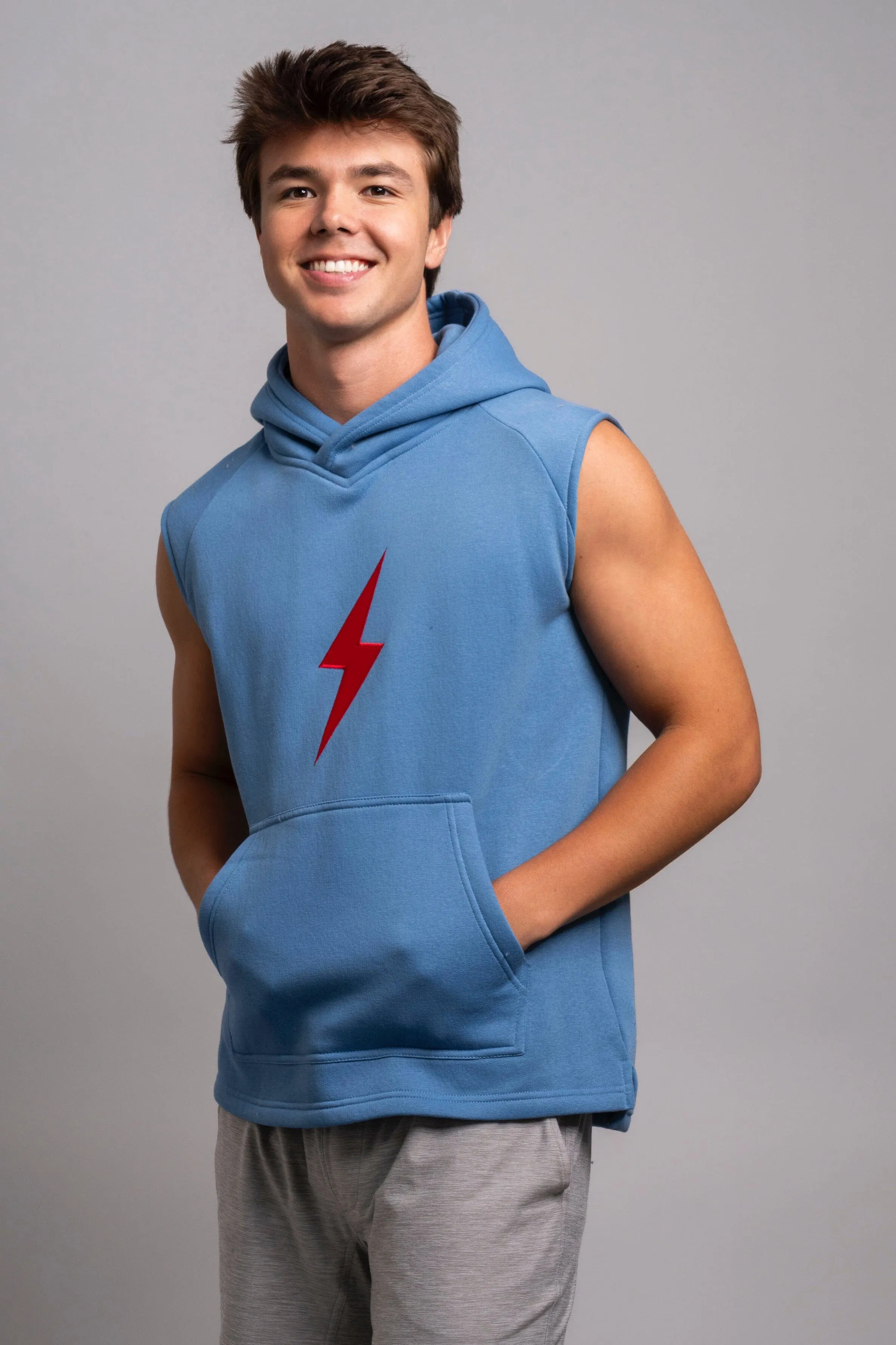 BRUCE BOLT "BOLT" Sleeveless Hoodie - BABY BLUE w/ Red Bolt