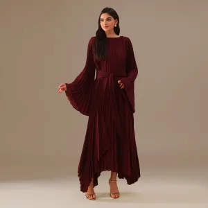 Burgundy All Pleats Long Sleeve Chiffon Dress