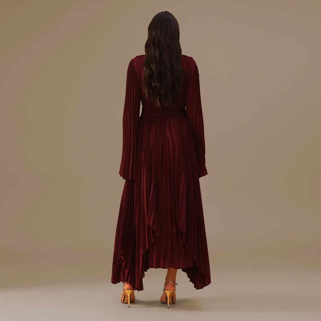 Burgundy All Pleats Long Sleeve Chiffon Dress