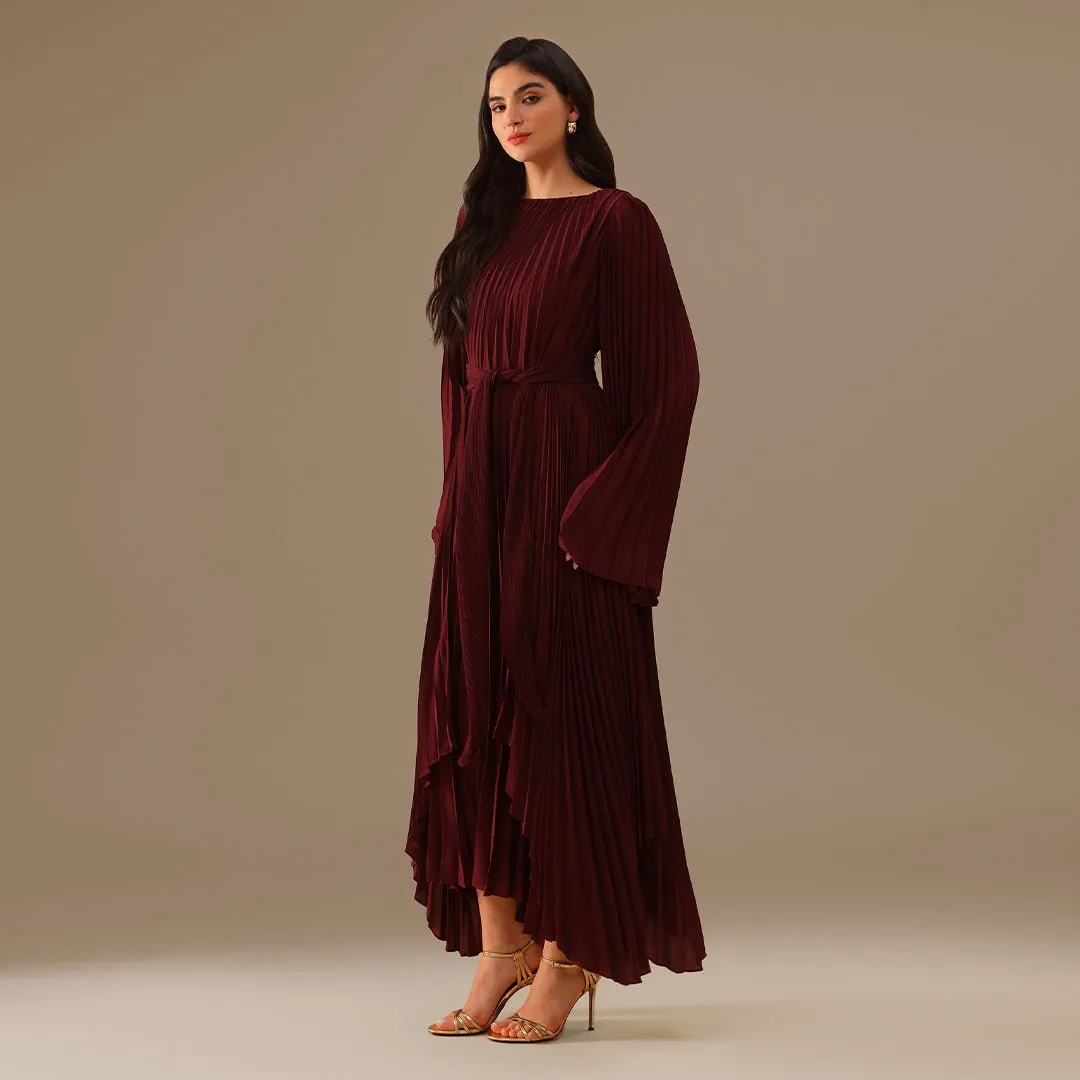 Burgundy All Pleats Long Sleeve Chiffon Dress