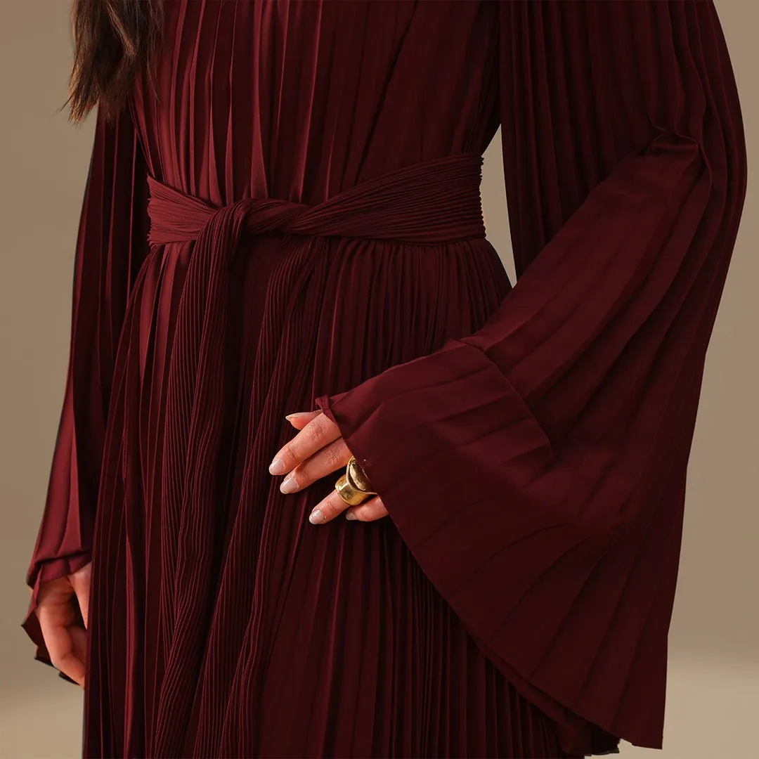 Burgundy All Pleats Long Sleeve Chiffon Dress